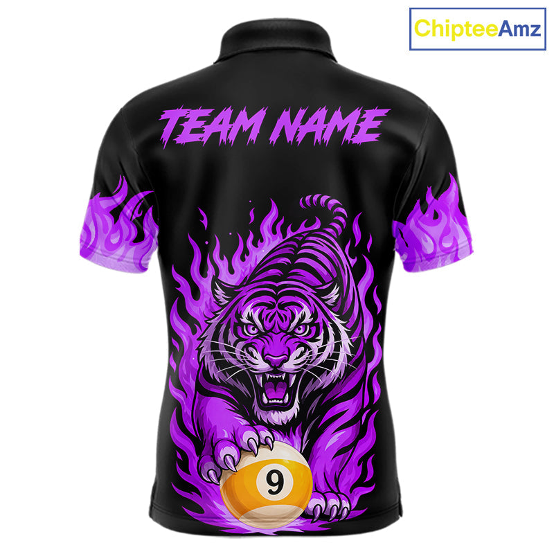 Black and Purple Flaming Tiger Billiard Shirts Custom 8 Ball & 9 Ball Pool Team Jersey