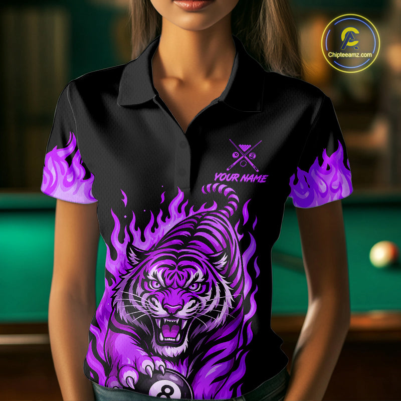 Black and Purple Flaming Tiger Billiard Shirts Custom 8 Ball & 9 Ball Pool Team Jersey