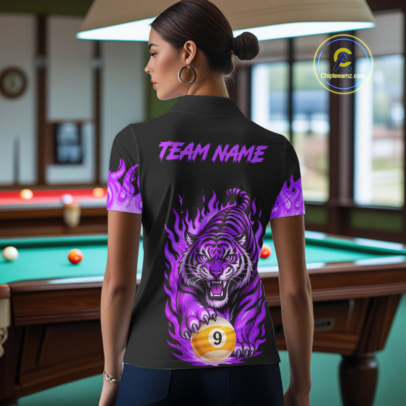 Black and Purple Flaming Tiger Billiard Shirts Custom 8 Ball & 9 Ball Pool Team Jersey