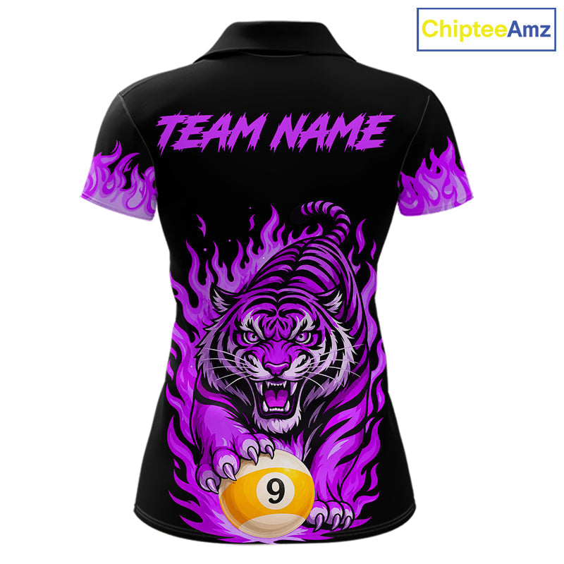 Black and Purple Flaming Tiger Billiard Shirts Custom 8 Ball & 9 Ball Pool Team Jersey