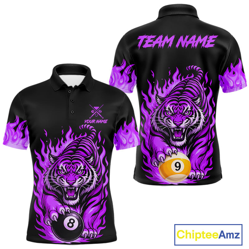 Black and Purple Flaming Tiger Billiard Shirts Custom 8 Ball & 9 Ball Pool Team Jersey