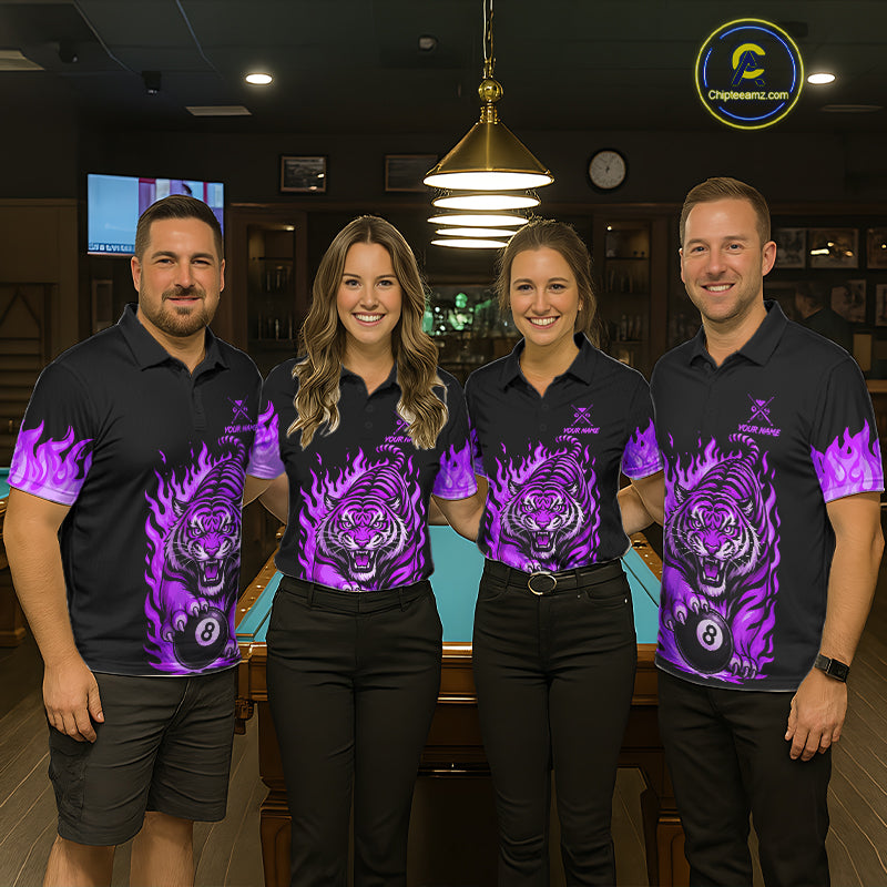 Black and Purple Flaming Tiger Billiard Shirts Custom 8 Ball & 9 Ball Pool Team Jersey