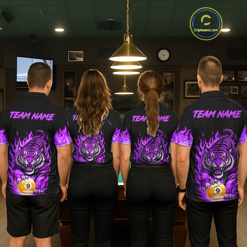 Black and Purple Flaming Tiger Billiard Shirts Custom 8 Ball & 9 Ball Pool Team Jersey