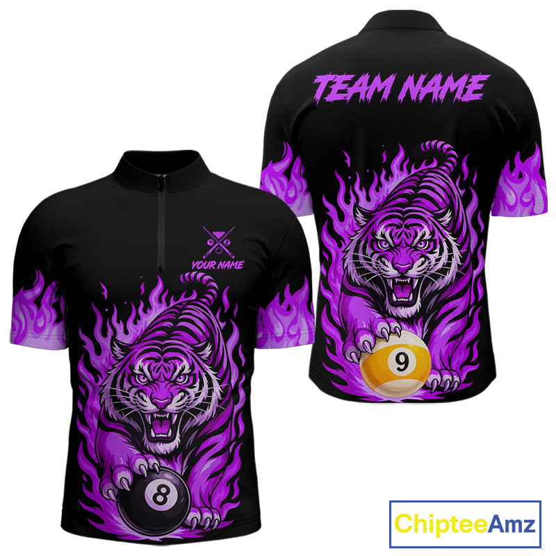Black and Purple Flaming Tiger Billiard Shirts Custom 8 Ball & 9 Ball Pool Team Jersey
