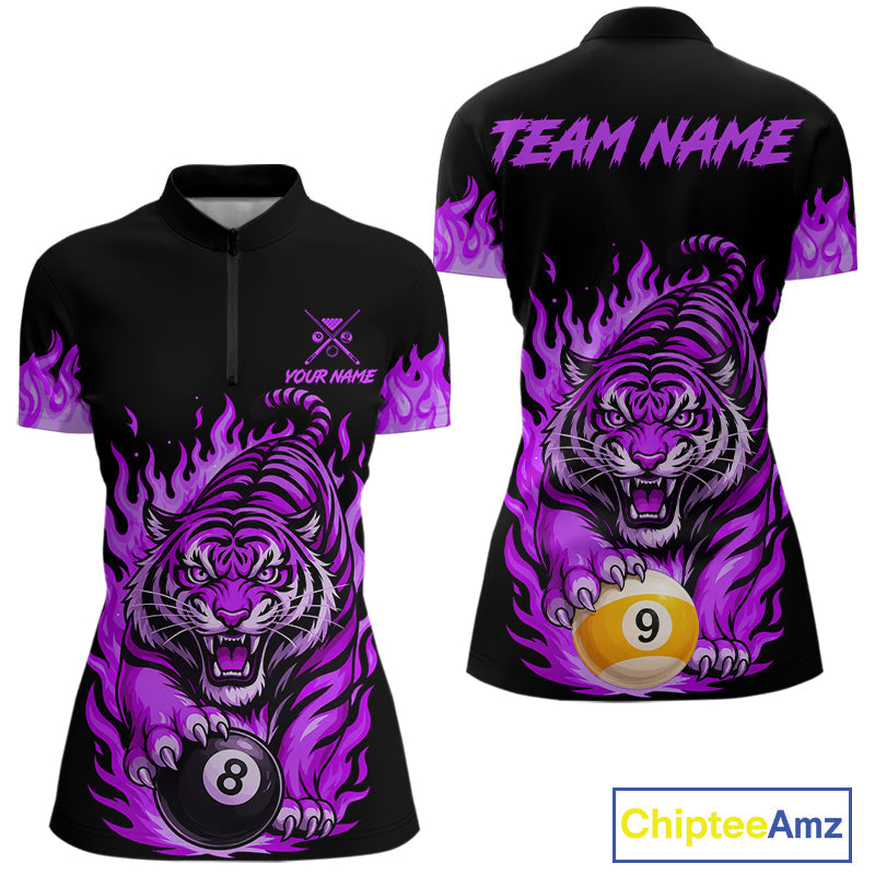 Black and Purple Flaming Tiger Billiard Shirts Custom 8 Ball & 9 Ball Pool Team Jersey