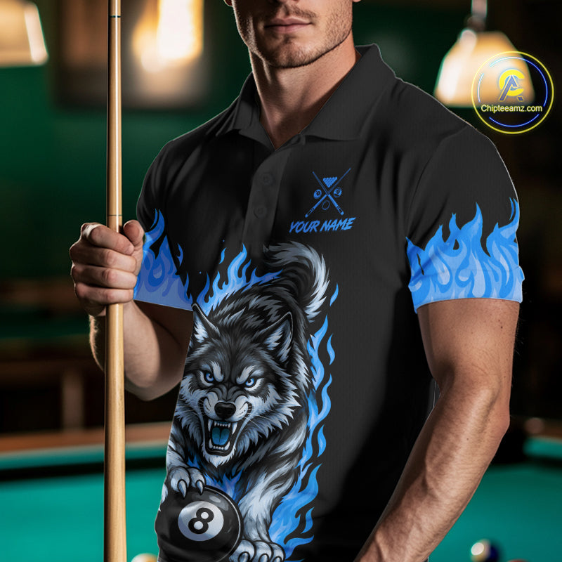 Black and Blue Flaming Wolf Billiard Shirts Custom 8 Ball & 9 Ball Pool Team Jersey