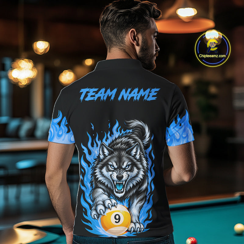 Black and Blue Flaming Wolf Billiard Shirts Custom 8 Ball & 9 Ball Pool Team Jersey