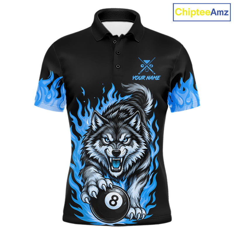 Black and Blue Flaming Wolf Billiard Shirts Custom 8 Ball & 9 Ball Pool Team Jersey