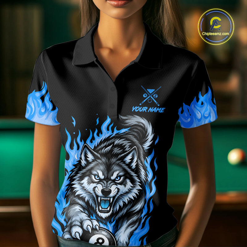 Black and Blue Flaming Wolf Billiard Shirts Custom 8 Ball & 9 Ball Pool Team Jersey