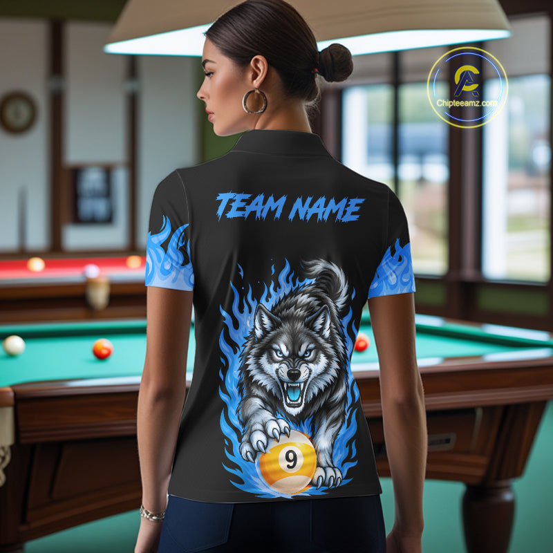 Black and Blue Flaming Wolf Billiard Shirts Custom 8 Ball & 9 Ball Pool Team Jersey