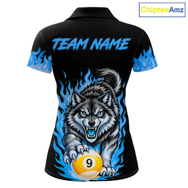 Black and Blue Flaming Wolf Billiard Shirts Custom 8 Ball & 9 Ball Pool Team Jersey