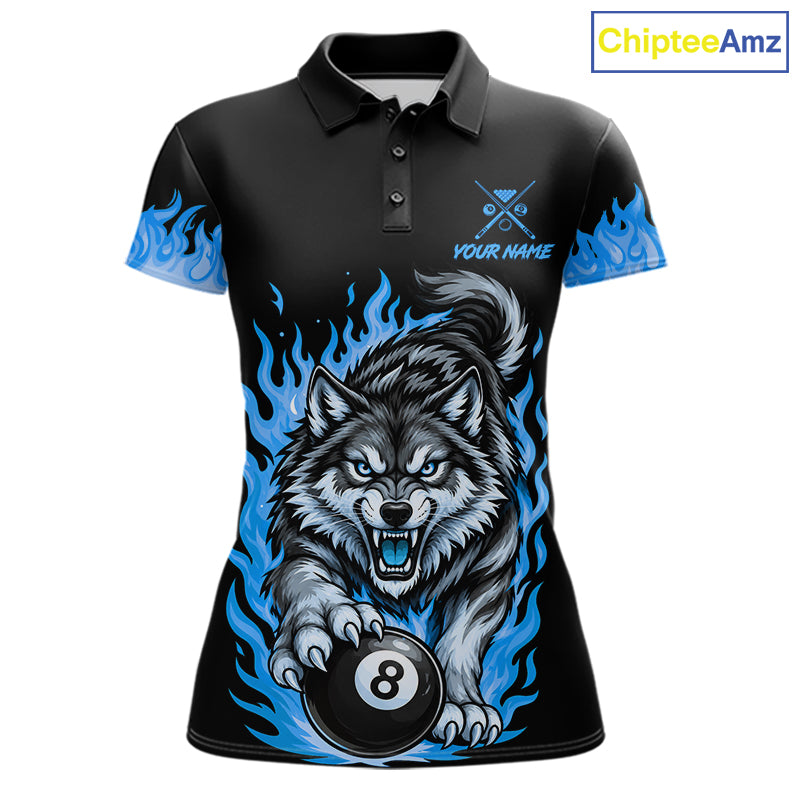 Black and Blue Flaming Wolf Billiard Shirts Custom 8 Ball & 9 Ball Pool Team Jersey
