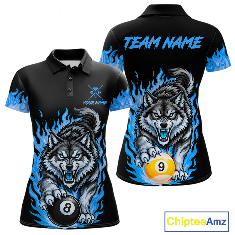 Black and Blue Flaming Wolf Billiard Shirts Custom 8 Ball & 9 Ball Pool Team Jersey