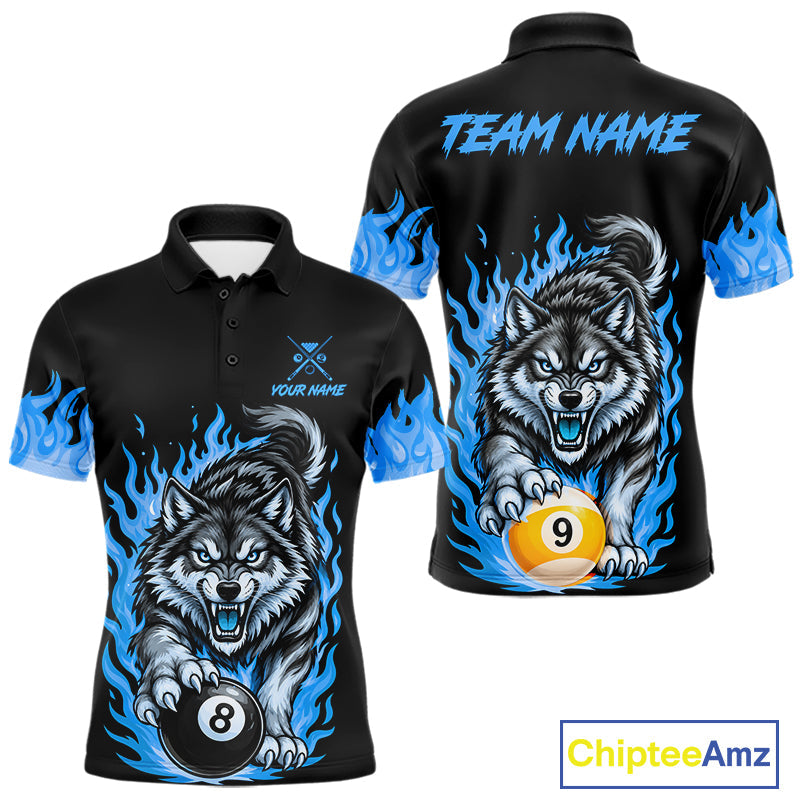 Black and Blue Flaming Wolf Billiard Shirts Custom 8 Ball & 9 Ball Pool Team Jersey
