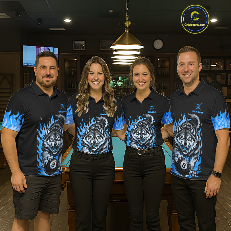 Black and Blue Flaming Wolf Billiard Shirts Custom 8 Ball & 9 Ball Pool Team Jersey