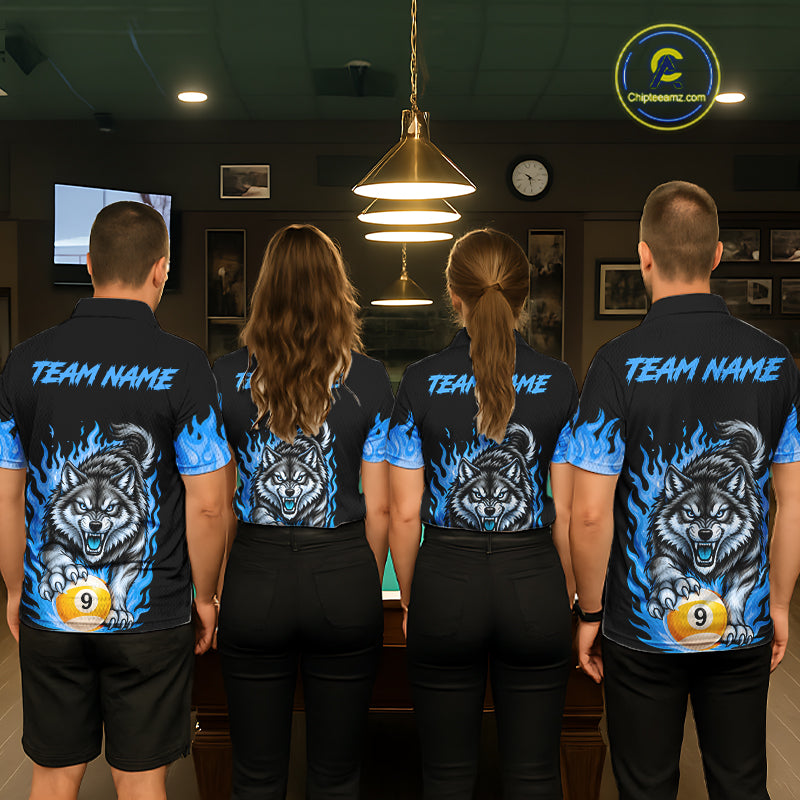 Black and Blue Flaming Wolf Billiard Shirts Custom 8 Ball & 9 Ball Pool Team Jersey
