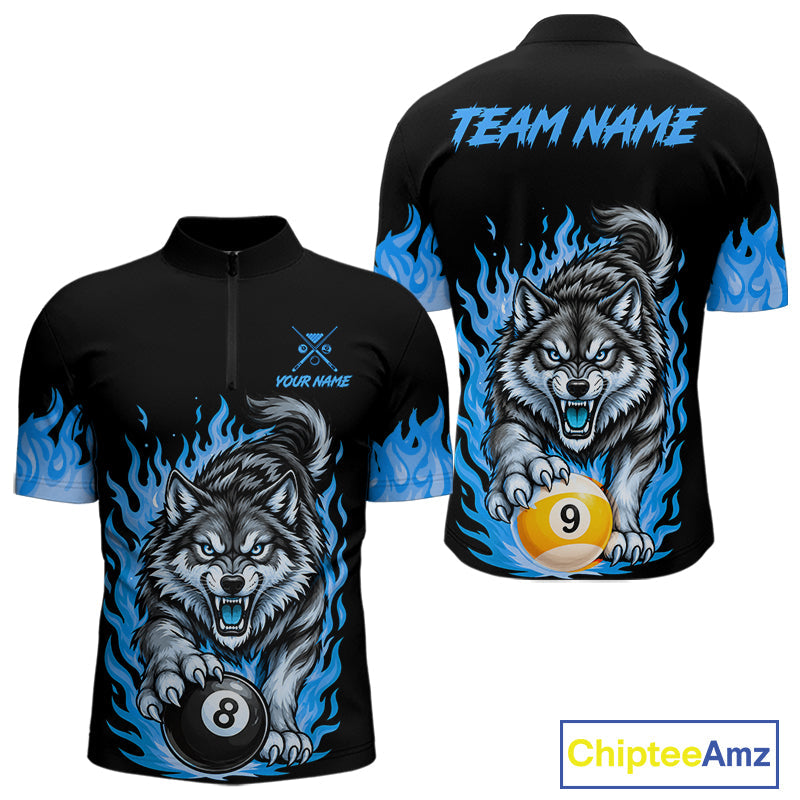 Black and Blue Flaming Wolf Billiard Shirts Custom 8 Ball & 9 Ball Pool Team Jersey
