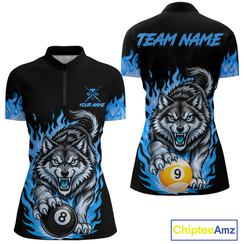 Black and Blue Flaming Wolf Billiard Shirts Custom 8 Ball & 9 Ball Pool Team Jersey