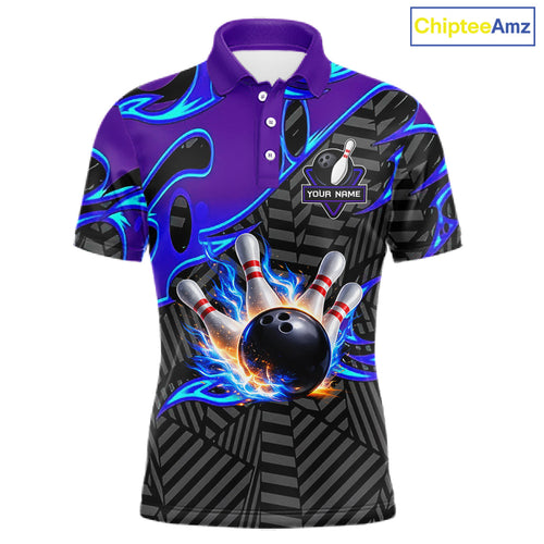 Custom Blue Purple Bowling Jersey, Bowling Tournament Team Shirt Polo & Quarter Zip