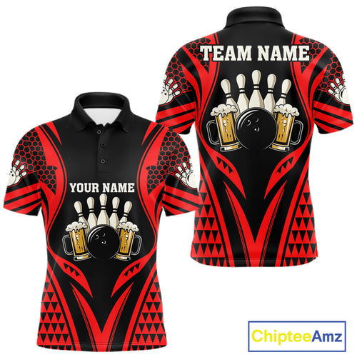 Black And Red Tribal Beer Bowling Shirts Custom Bowling Polo, Quarter Zip Team Jersey