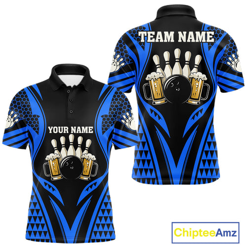 Black And Blue Tribal Beer Bowling Shirts Custom Bowling Polo, Quarter Zip Team Jersey