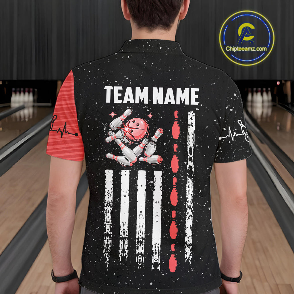 Custom Red Grunge US Flag Bowling Shirts, Patriotic Bowling Team Jersey Polo & 1/4 Zip