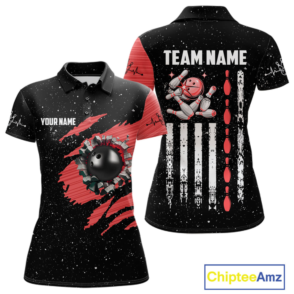 Custom Red Grunge US Flag Bowling Shirts, Patriotic Bowling Team Jersey Polo & 1/4 Zip