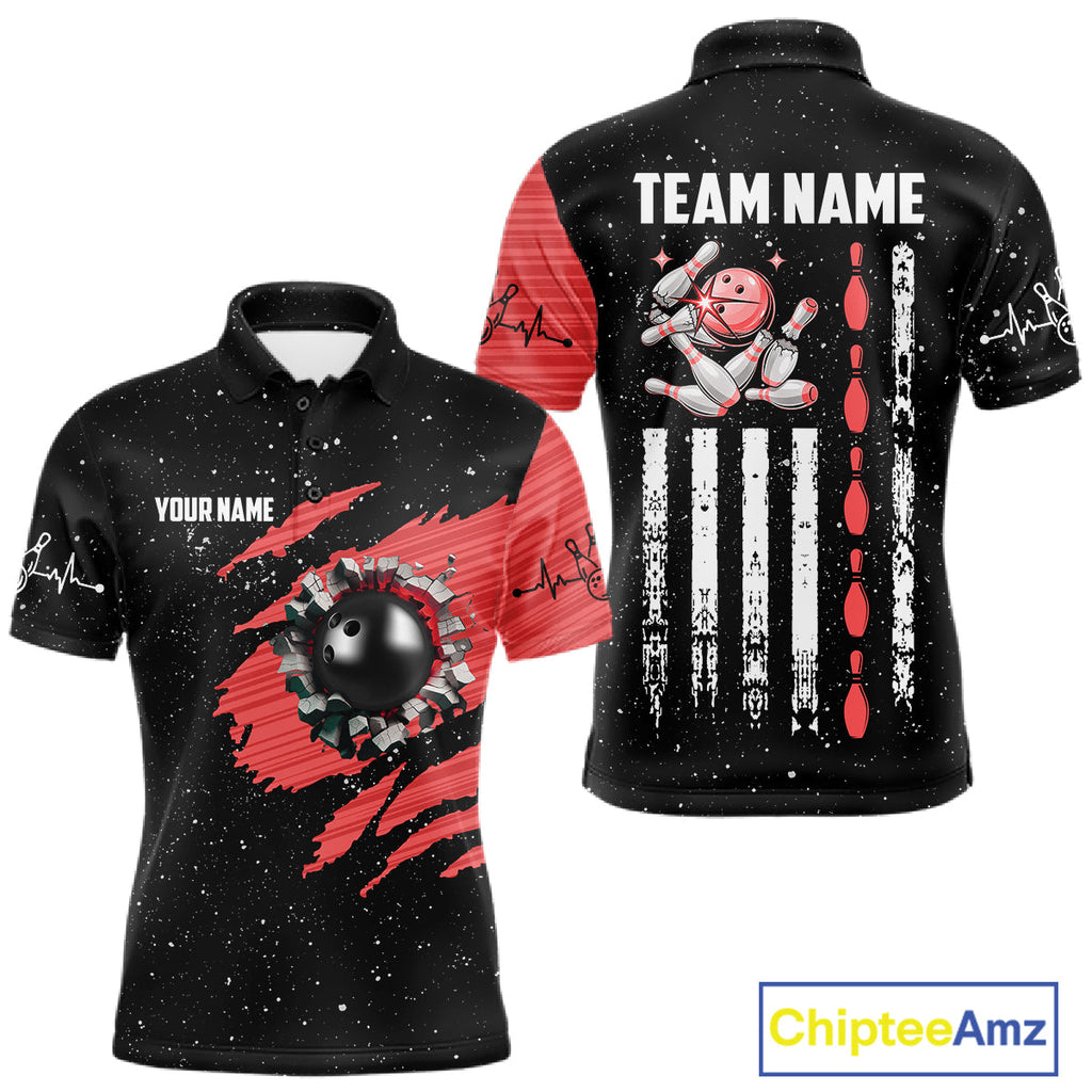 Custom Red Grunge US Flag Bowling Shirts, Patriotic Bowling Team Jersey Polo & 1/4 Zip