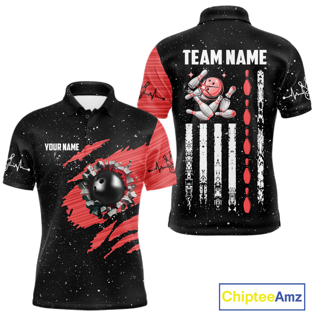 Custom Red Grunge US Flag Bowling Shirts, Patriotic Bowling Team Jersey Polo & 1/4 Zip
