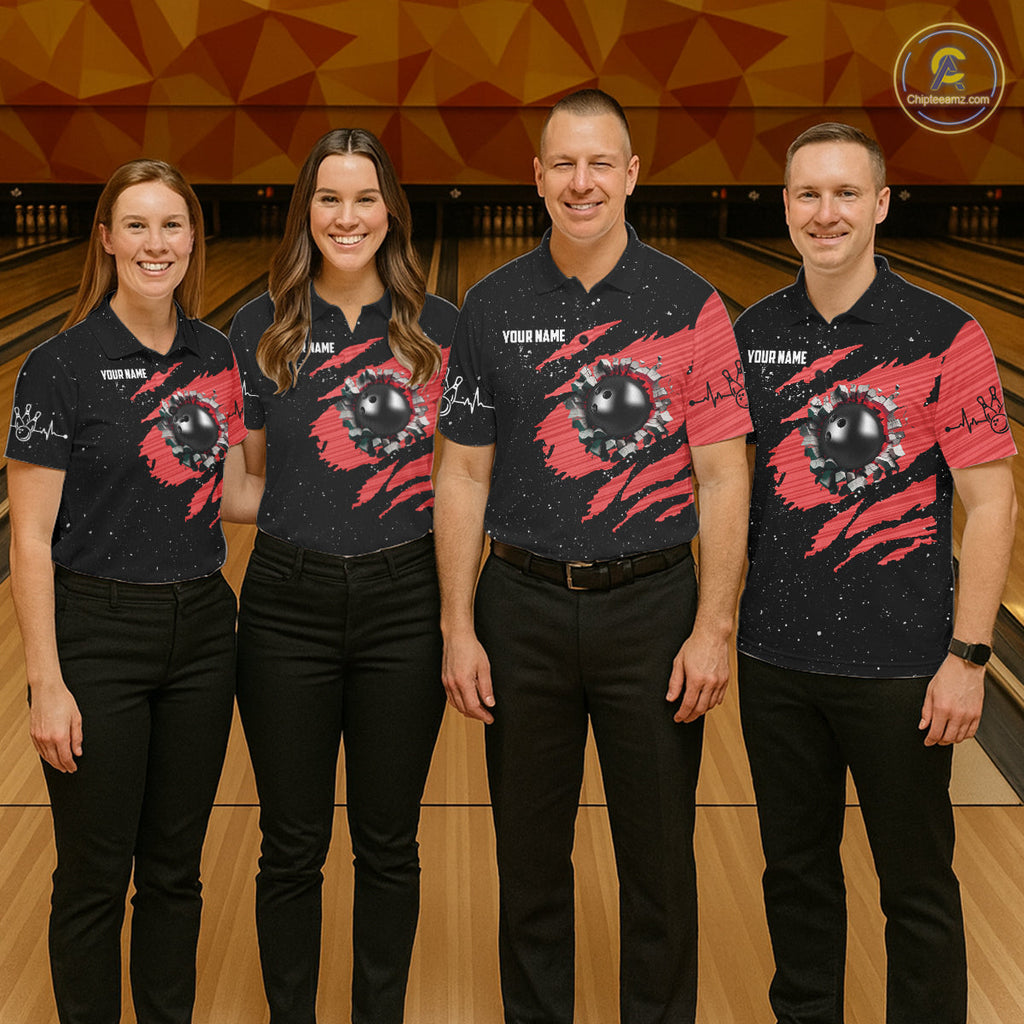 Custom Red Grunge US Flag Bowling Shirts, Patriotic Bowling Team Jersey Polo & 1/4 Zip