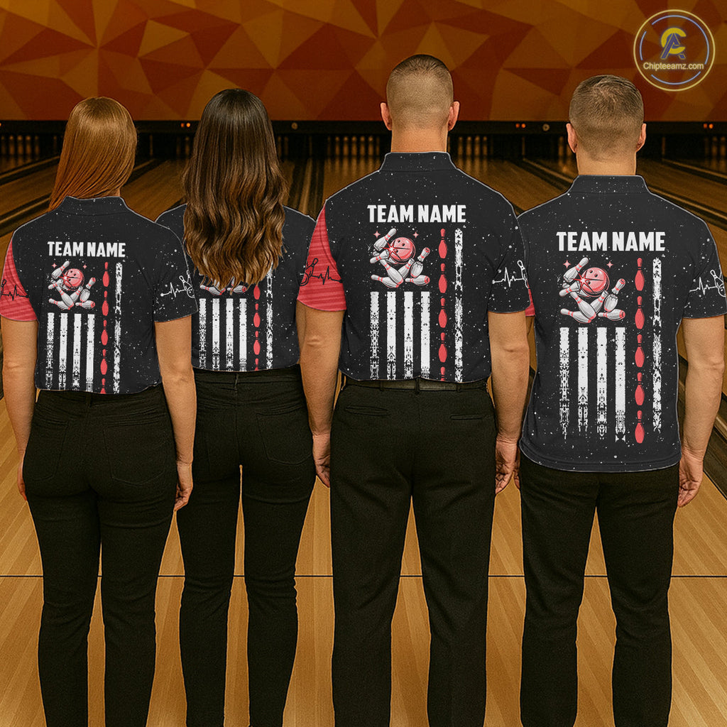Custom Red Grunge US Flag Bowling Shirts, Patriotic Bowling Team Jersey Polo & 1/4 Zip