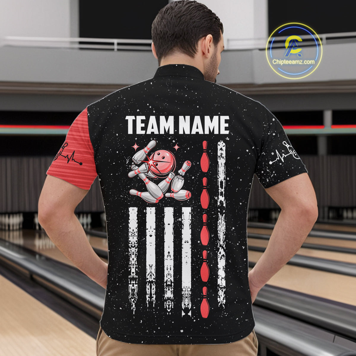 Custom Red Grunge US Flag Bowling Shirts, Patriotic Bowling Team Jersey Polo & 1/4 Zip