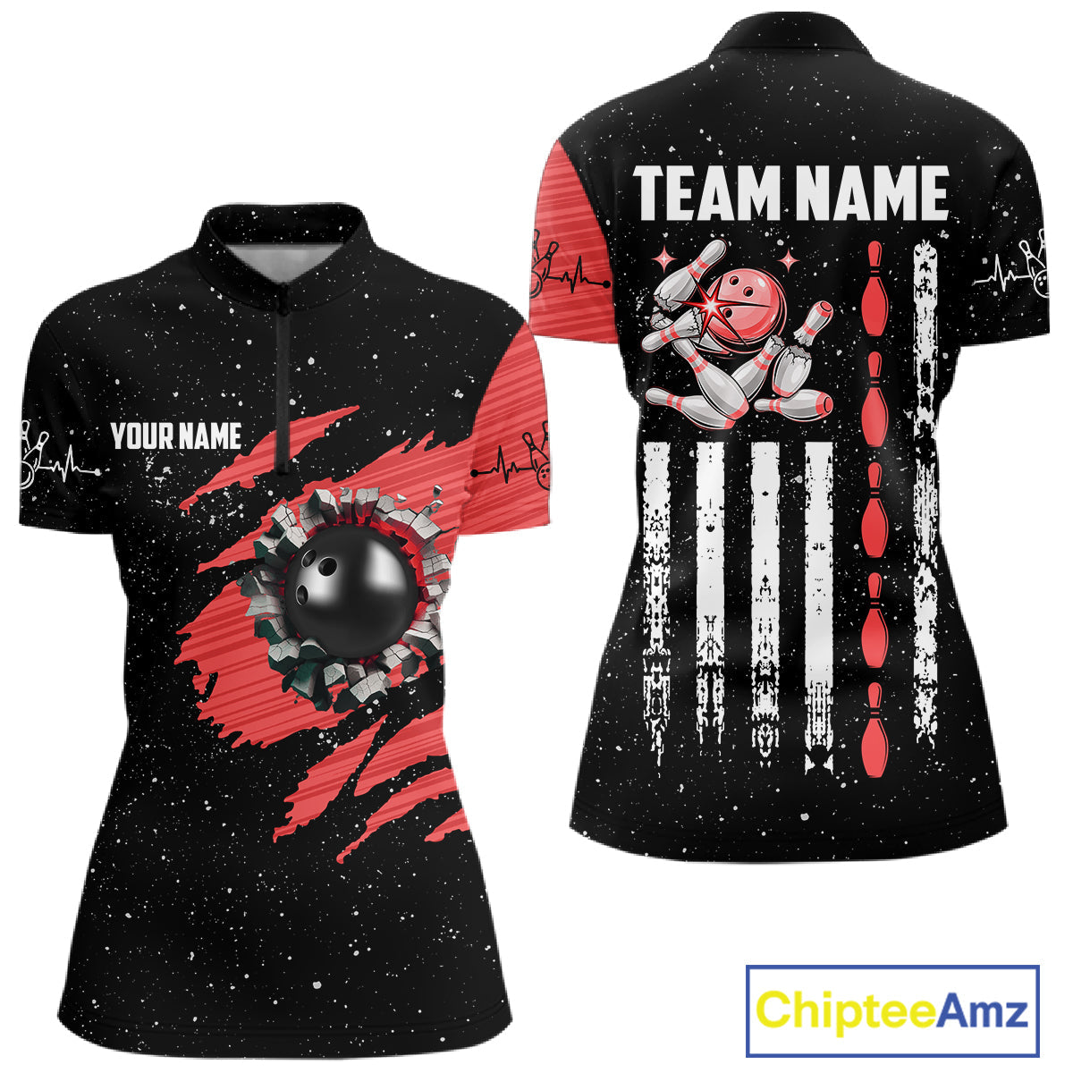 Custom Red Grunge US Flag Bowling Shirts, Patriotic Bowling Team Jersey Polo & 1/4 Zip
