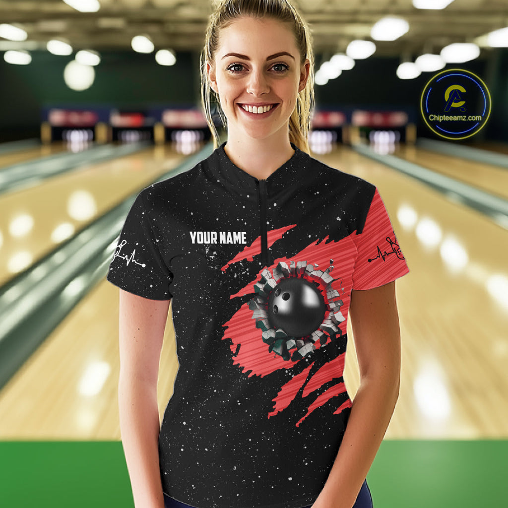 Custom Red Grunge US Flag Bowling Shirts, Patriotic Bowling Team Jersey Polo & 1/4 Zip