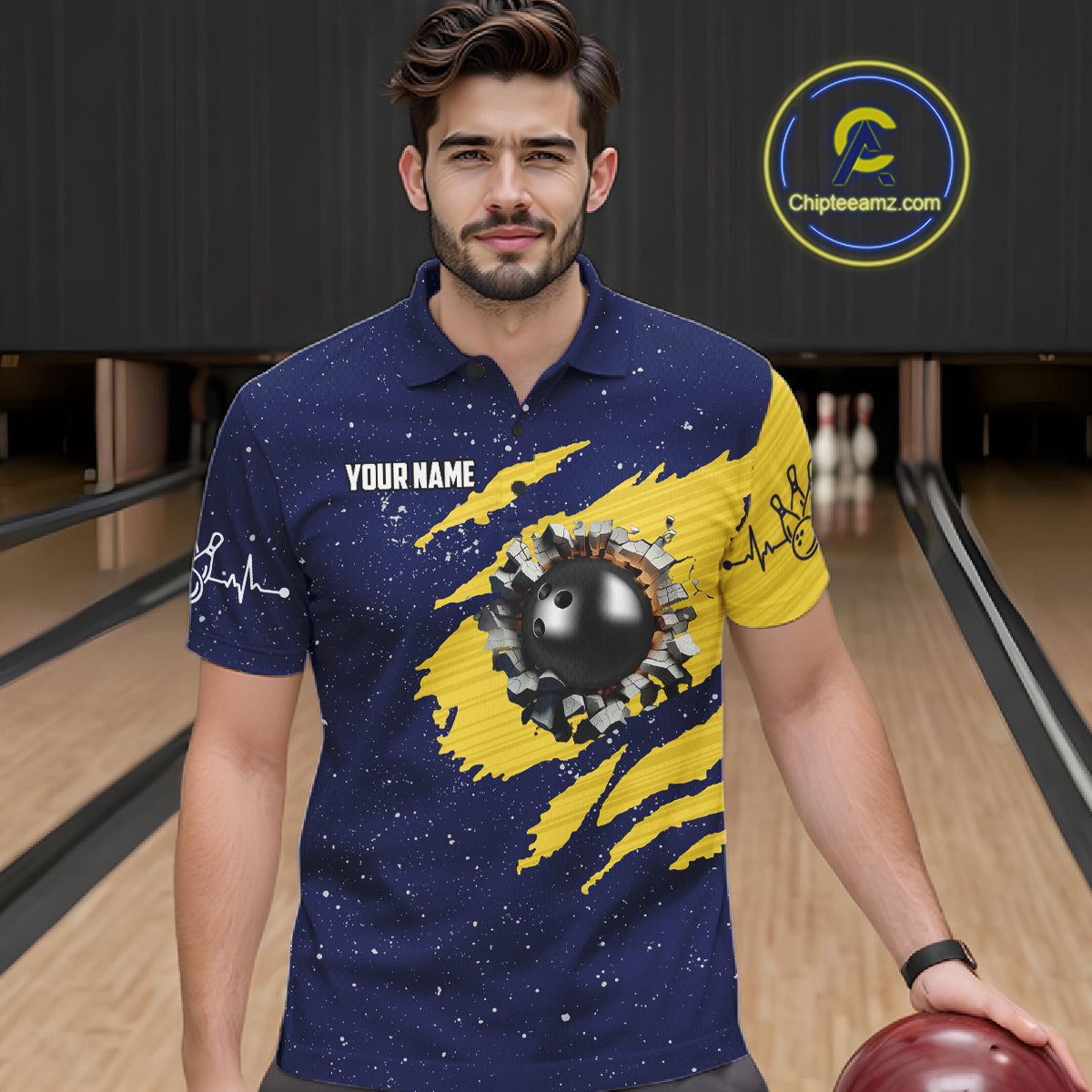 Blue And Yellow Grunge American Flag Bowling Shirts Custom Patriotic Bowling Team Jersey