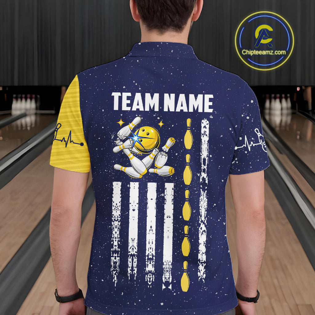Blue And Yellow Grunge American Flag Bowling Shirts Custom Patriotic Bowling Team Jersey
