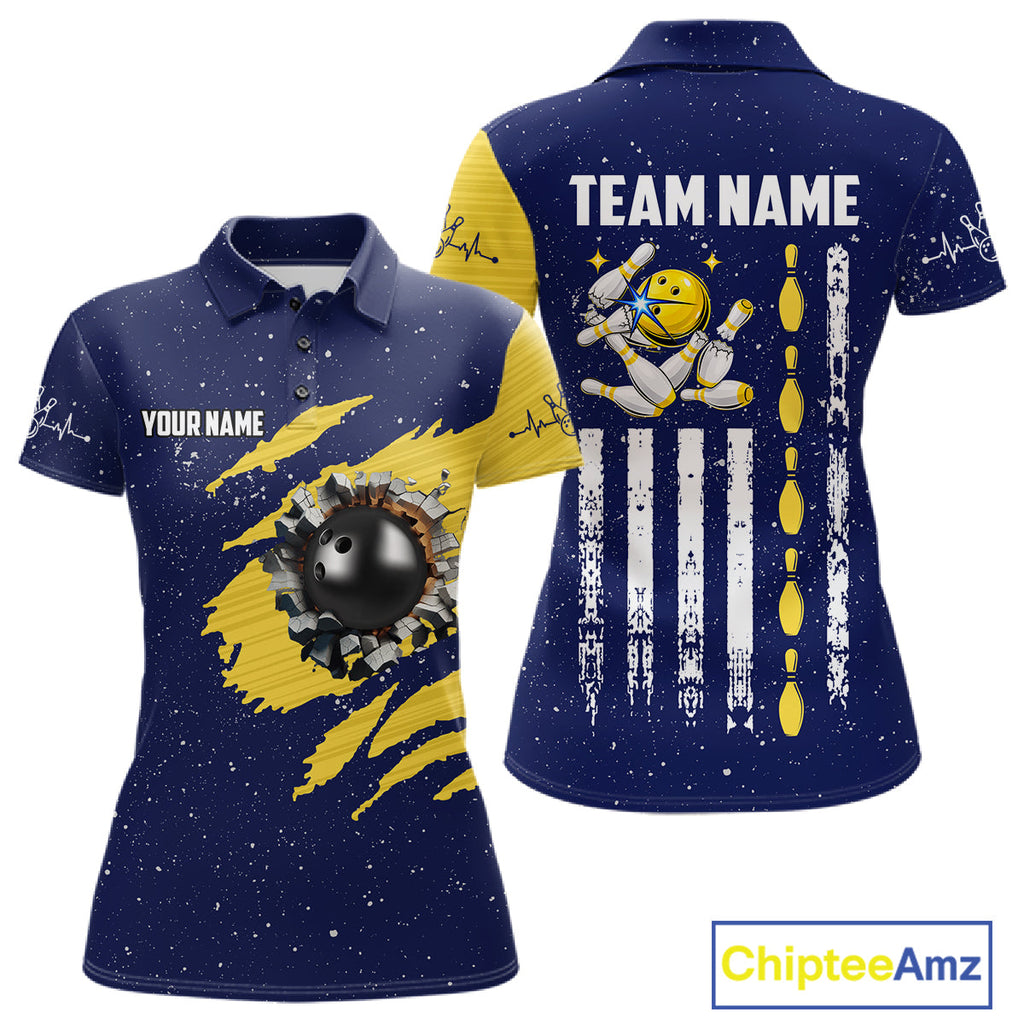 Blue And Yellow Grunge American Flag Bowling Shirts Custom Patriotic Bowling Team Jersey