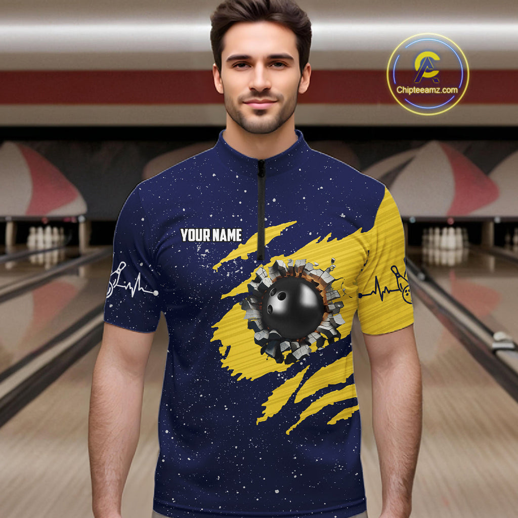 Blue And Yellow Grunge American Flag Bowling Shirts Custom Patriotic Bowling Team Jersey