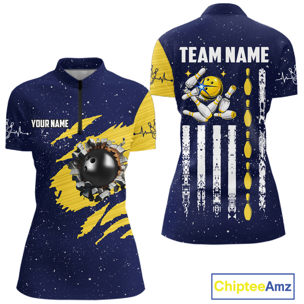 Blue And Yellow Grunge American Flag Bowling Shirts Custom Patriotic Bowling Team Jersey