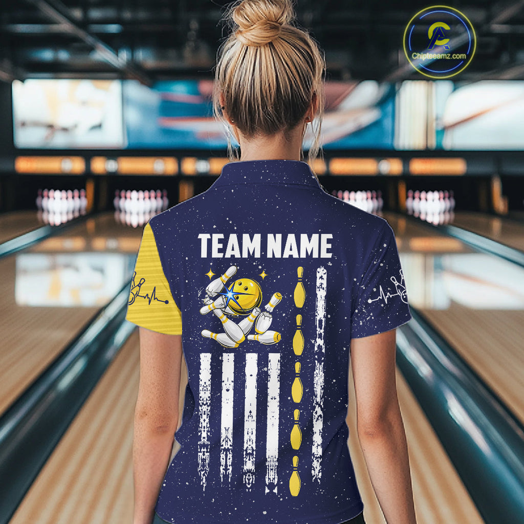 Blue And Yellow Grunge American Flag Bowling Shirts Custom Patriotic Bowling Team Jersey