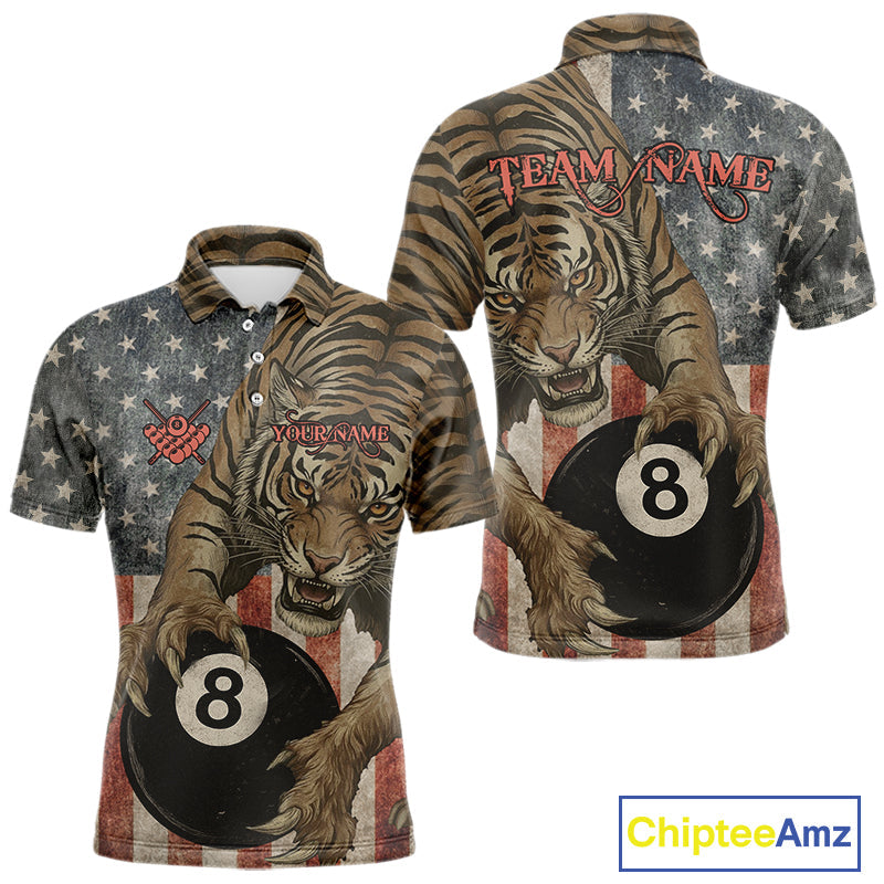 Personalized Vintage American Flag Tiger Billiard Shirt, 8 Ball Pool Billiard Team Jerseys