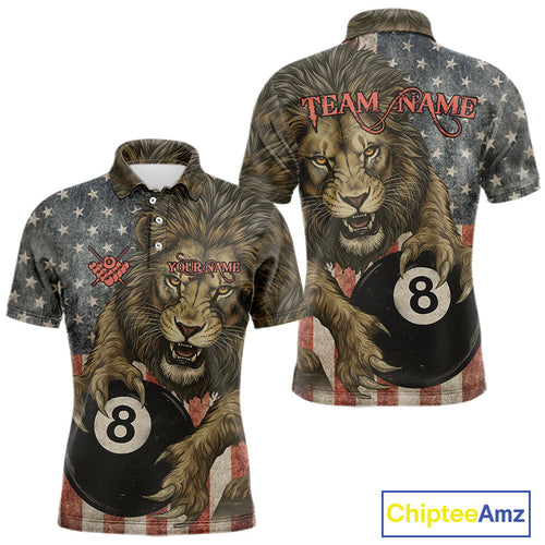 Personalized Vintage American Flag Lion Billiard Shirt, 8 Ball Pool Billiard Team Jerseys