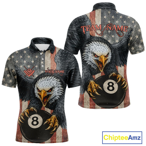 Personalized Vintage American Flag Eagle Billiard Shirt, 8 Ball Pool Billiard Team Jerseys