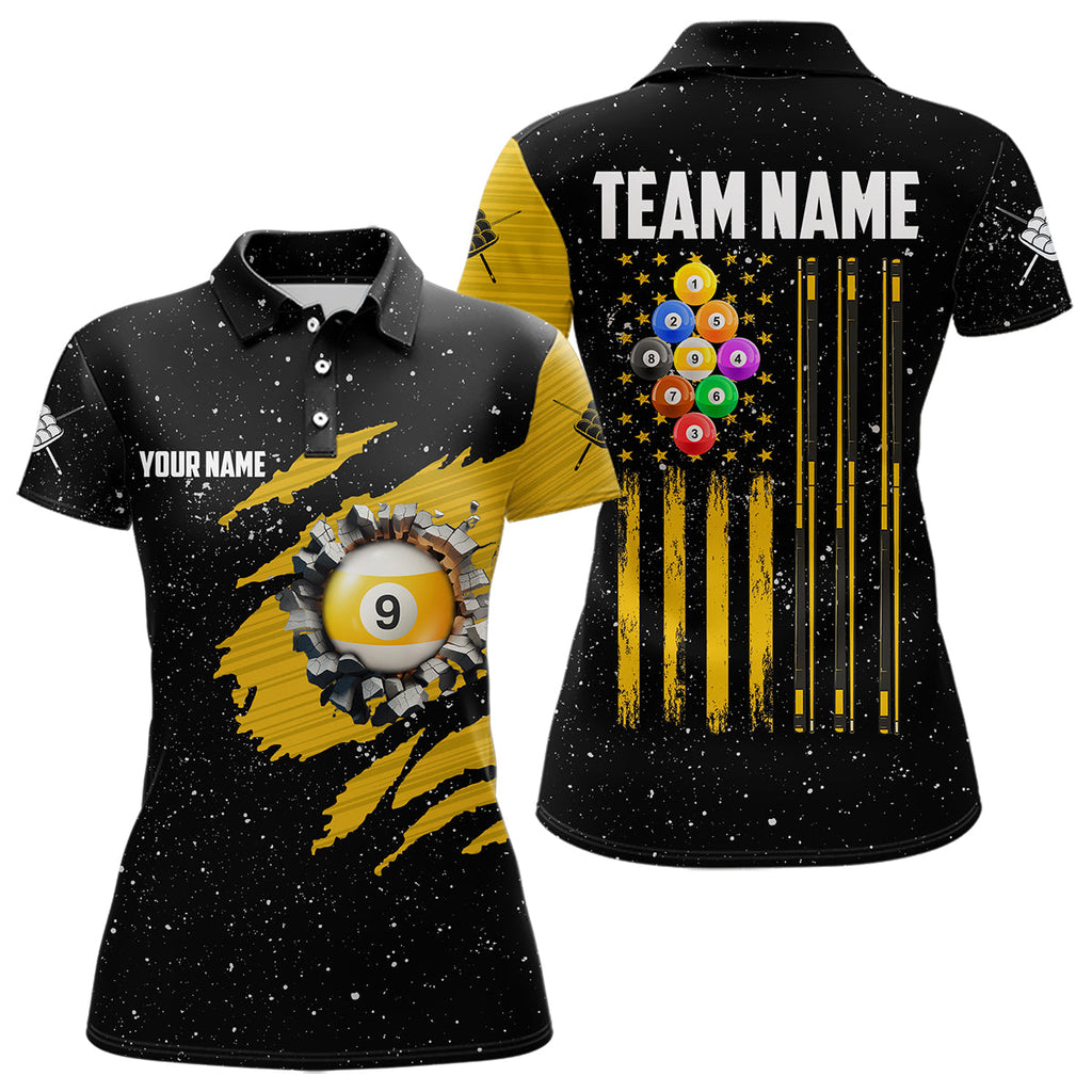 Yellow Black Grunge American Flag 9 Ball Pool Billiard Shirt Custom 9 Ball Billiard Jerseys