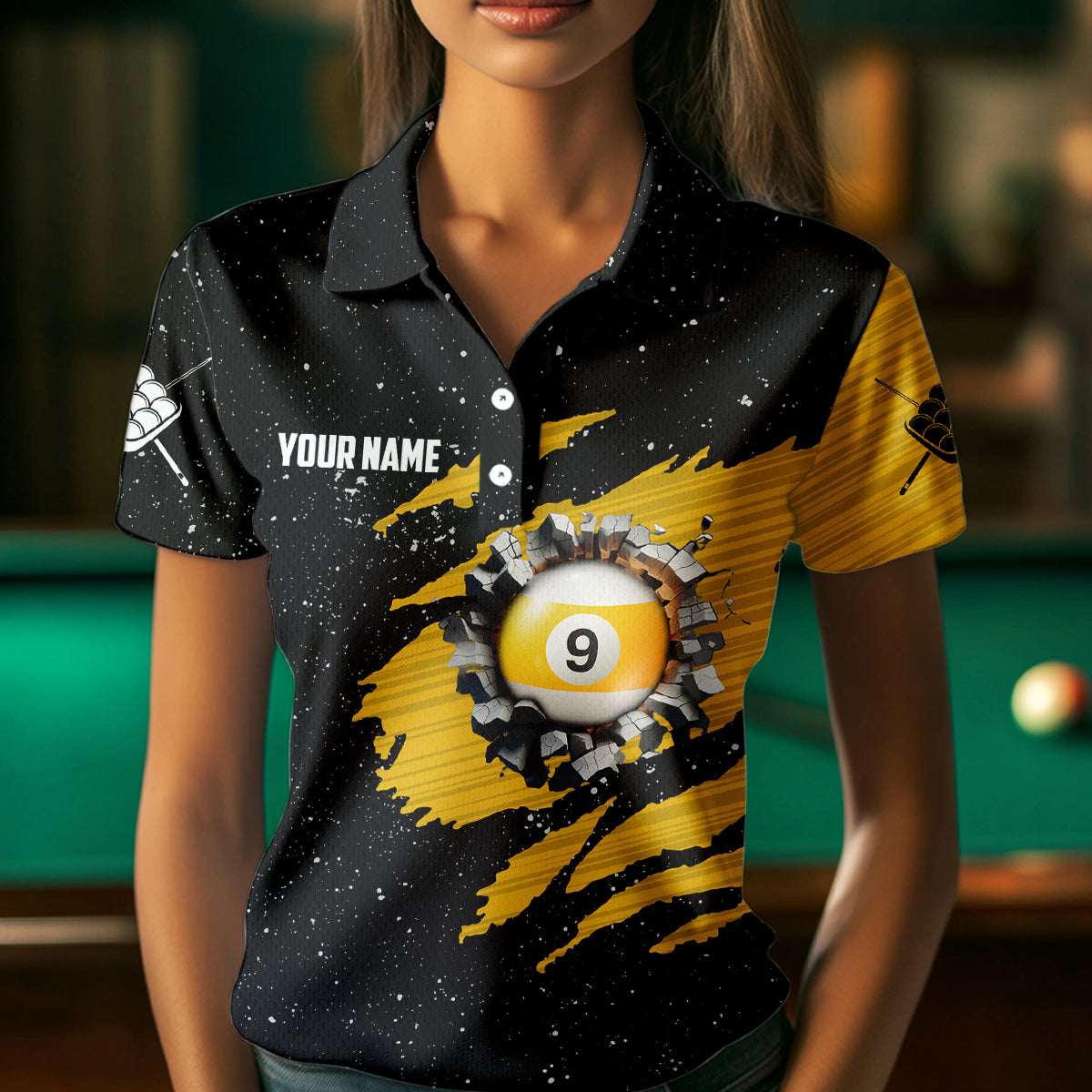 Yellow Black Grunge American Flag 9 Ball Pool Billiard Shirt Custom 9 Ball Billiard Jerseys
