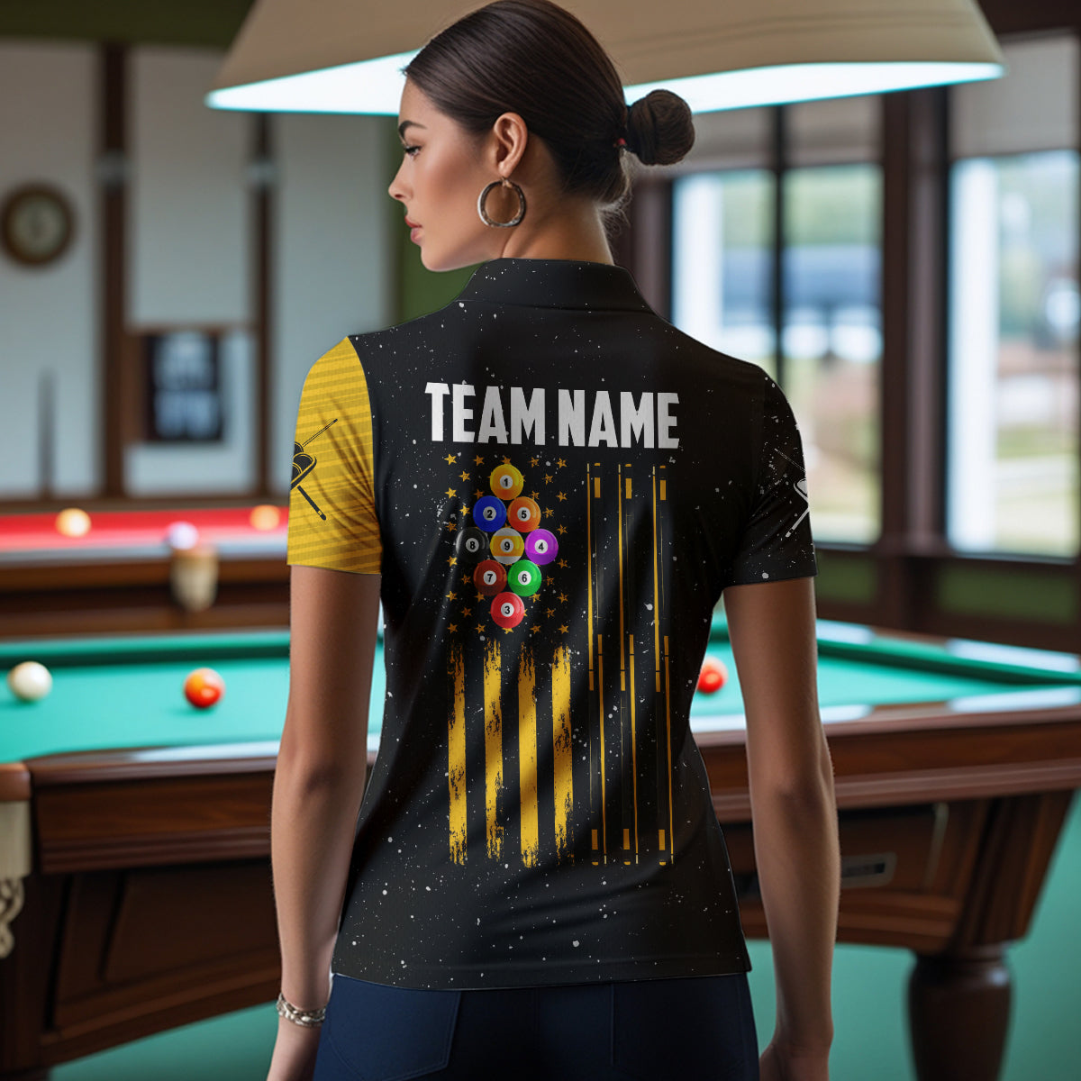 Yellow Black Grunge American Flag 9 Ball Pool Billiard Shirt Custom 9 Ball Billiard Jerseys
