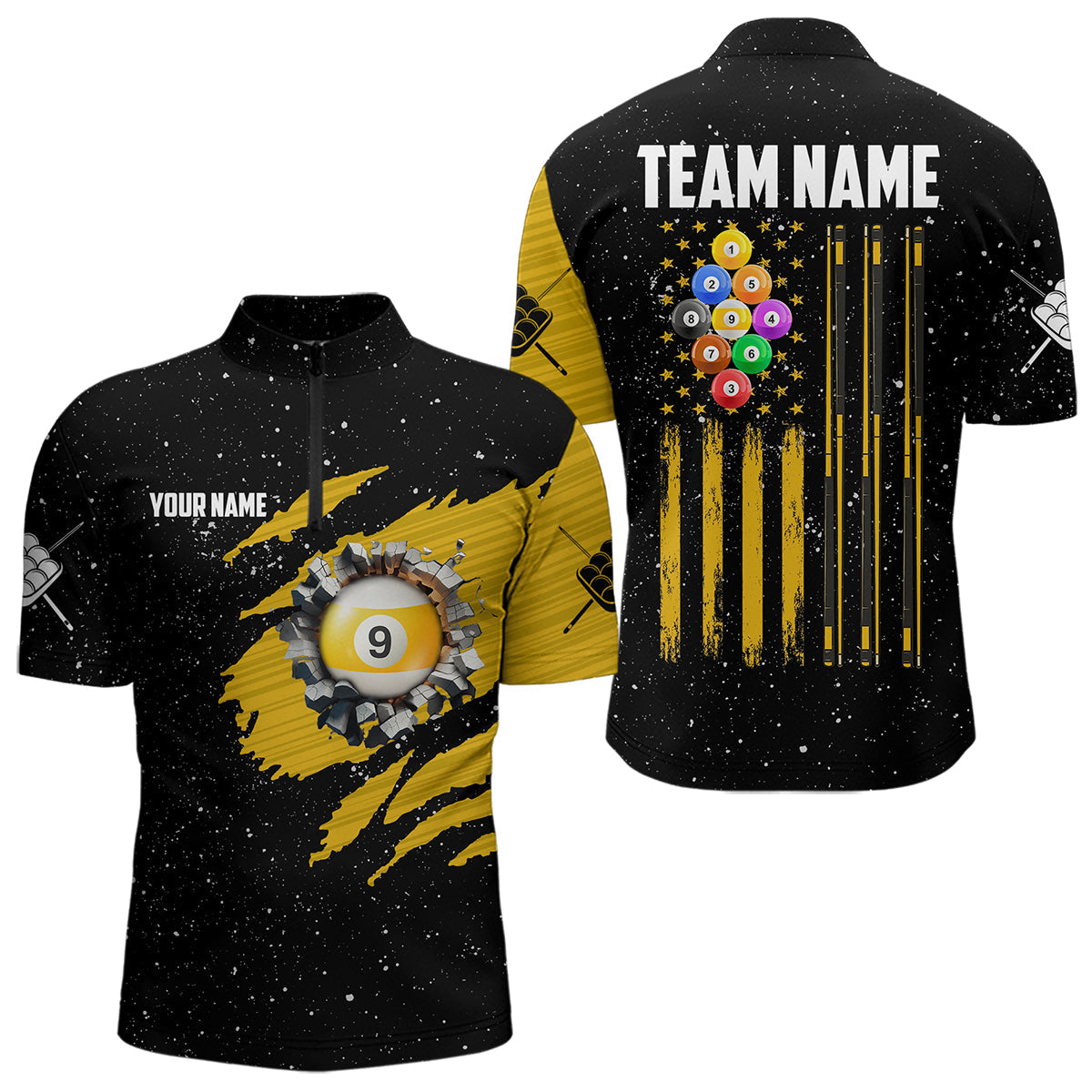 Yellow Black Grunge American Flag 9 Ball Pool Billiard Shirt Custom 9 Ball Billiard Team Jersey