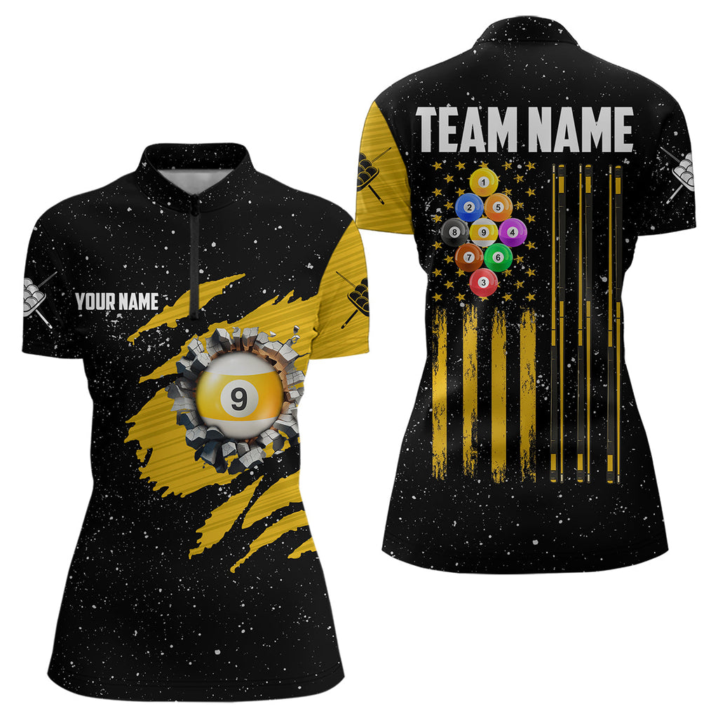 Yellow Black Grunge American Flag 9 Ball Pool Billiard Shirt Custom 9 Ball Billiard Jerseys