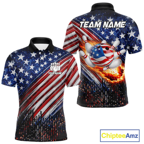 American Flag Fire Patriotic Bowling Shirt Custom Bowling Team Jersey Polo & 1/4 Zip