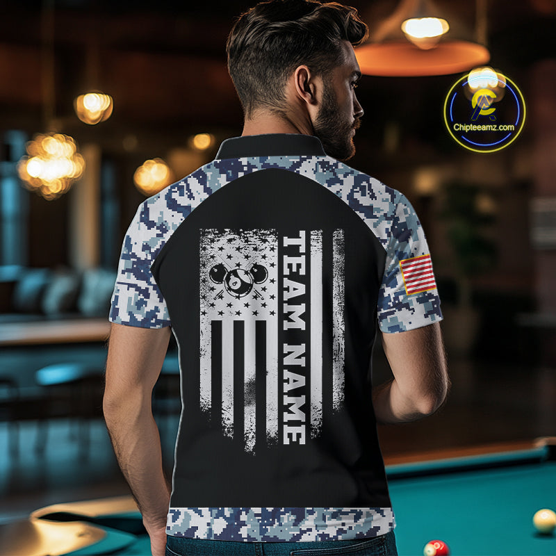 Personalized Blue Camo US Flag Billiard Shirts Custom Pool Team Jersey Polo & Quarter Zip